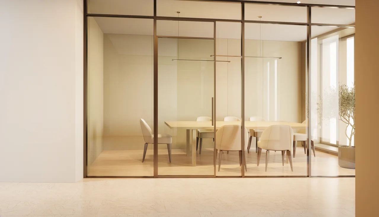 Illustrative conference room with clear interior glass.